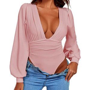 Umenlele Women's Plunging V Neck Ruched Pleated Long Sleeve Top Leotard Bodysuit
